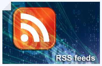 Graphic containing the orage RSS feed symbol of an orage square with a white dot in the lower left corner and two arching lines surrounding the dot. The orange square is on a dark blue atmospheric background with the words RSS Feeds in the lower right side of the blue background.